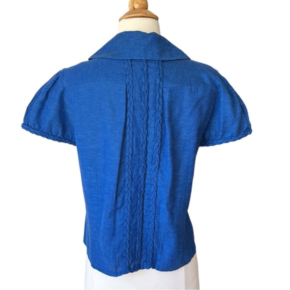 PERSAMAN New York Cobalt Blue Short Puff Sleeve Linen Blend Top, Size Medium - Picture 6 of 13